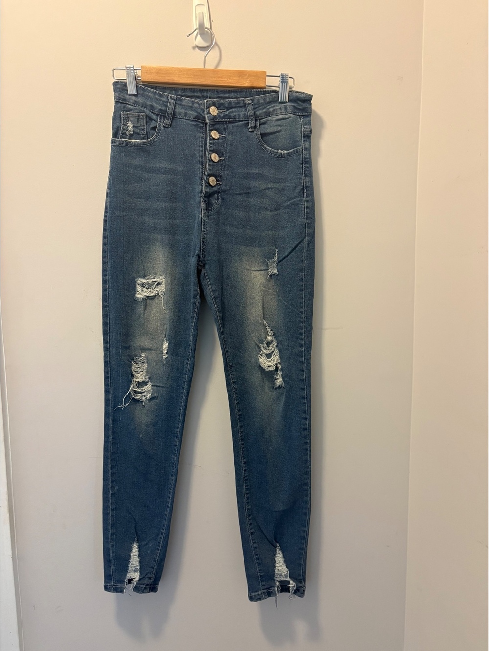 Blue Distressed High Rise Button Fly Jeans Ladies Size 8